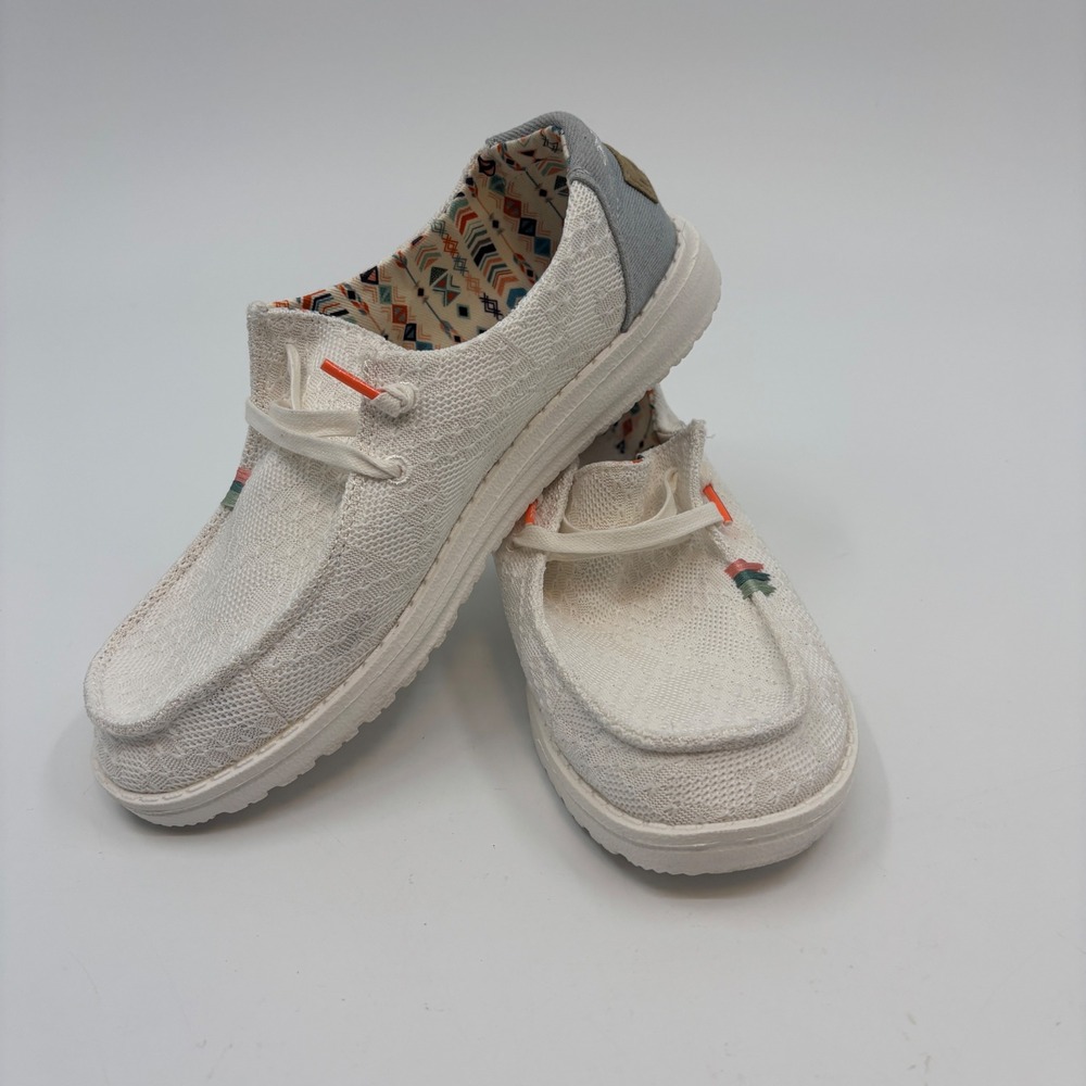 Hey Dude Wendy Boho Women Size 7 White Lace Tribal Print Slip On Loafers